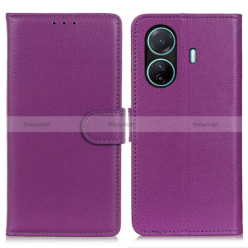 Leather Case Stands Flip Cover Holder A03D for Vivo T1 5G Purple