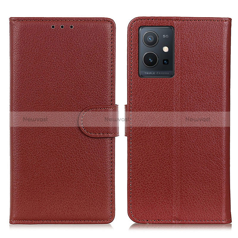 Leather Case Stands Flip Cover Holder A03D for Vivo Y33e 5G Brown