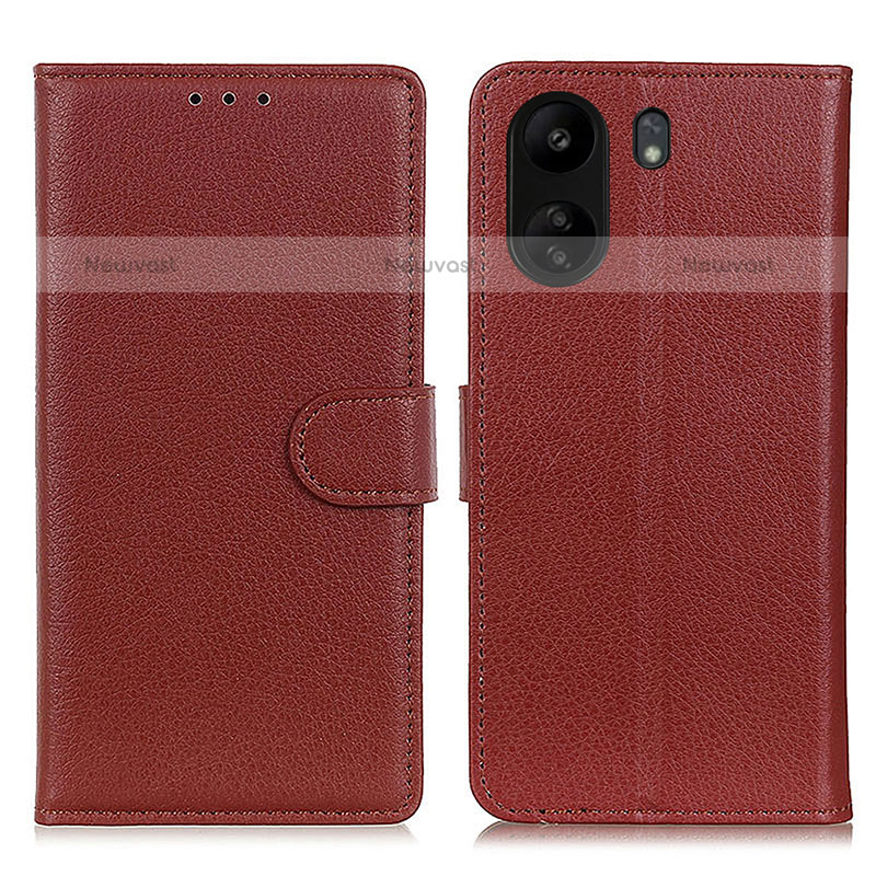 Leather Case Stands Flip Cover Holder A03D for Xiaomi Poco C65 Brown