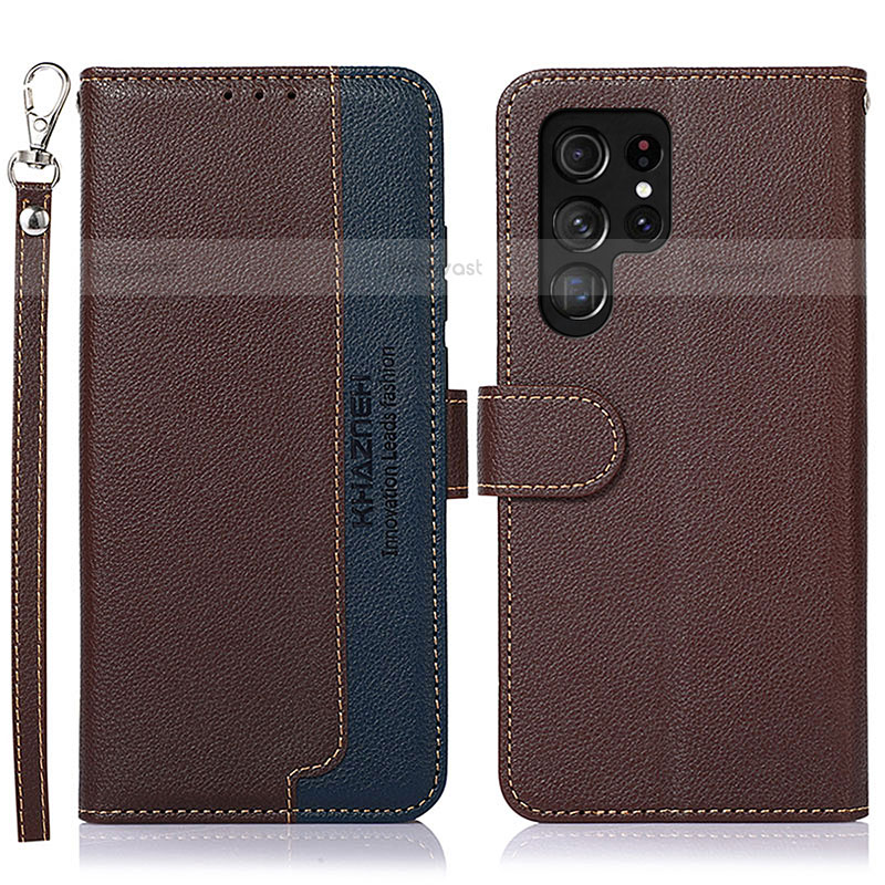 Leather Case Stands Flip Cover Holder A05D for Samsung Galaxy S21 Ultra 5G Brown