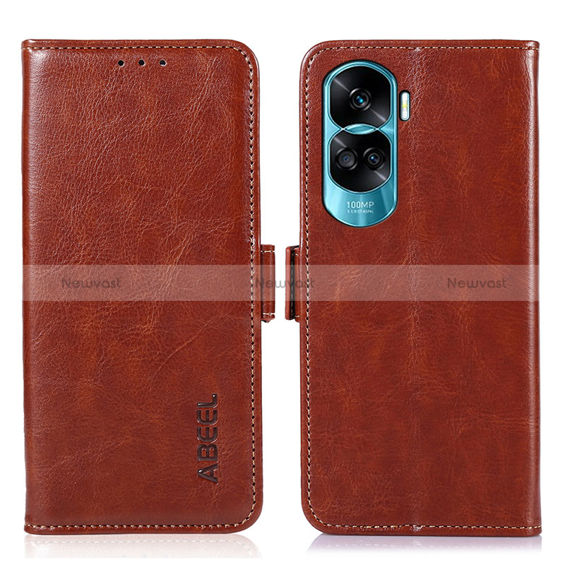 Leather Case Stands Flip Cover Holder A07D for Huawei Honor 90 Lite 5G Brown