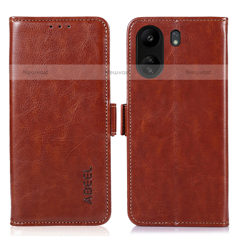 Leather Case Stands Flip Cover Holder A07D for Xiaomi Poco C65 Brown