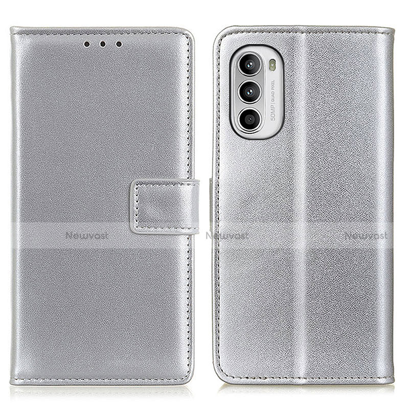 Leather Case Stands Flip Cover Holder A08D for Motorola Moto G71s 5G Silver