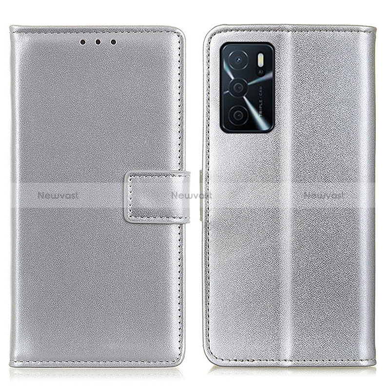 Leather Case Stands Flip Cover Holder A08D for Oppo A16 Silver