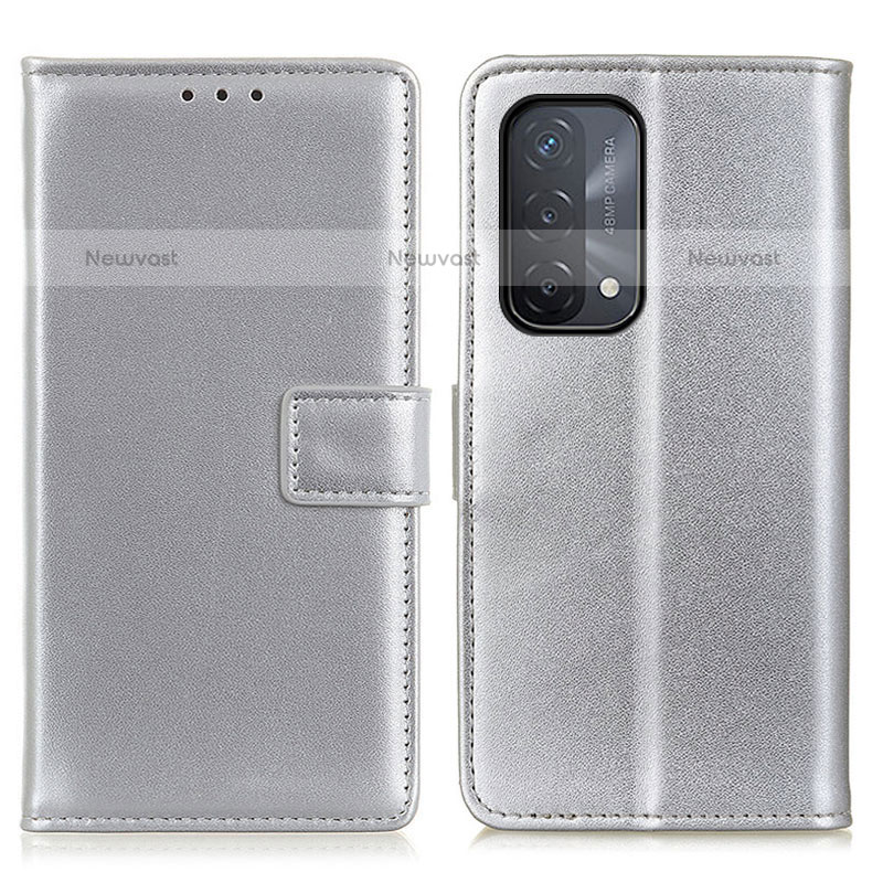 Leather Case Stands Flip Cover Holder A08D for Oppo A93 5G Silver