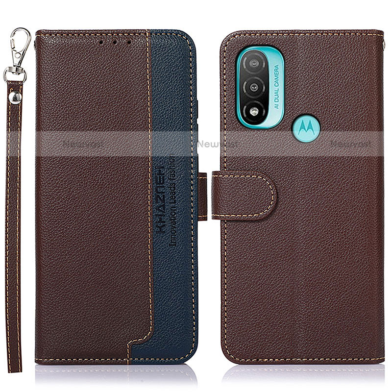 Leather Case Stands Flip Cover Holder A09D for Motorola Moto E20 Brown