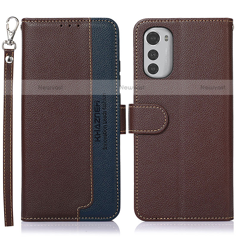 Leather Case Stands Flip Cover Holder A09D for Motorola Moto E32 Brown