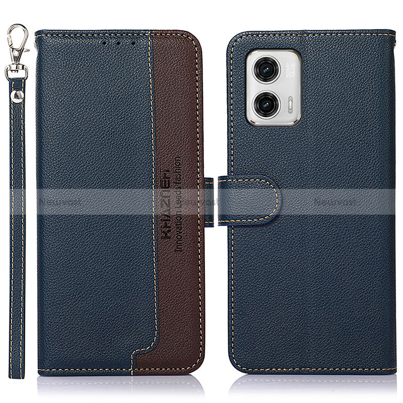 Leather Case Stands Flip Cover Holder A09D for Motorola Moto G73 5G Blue