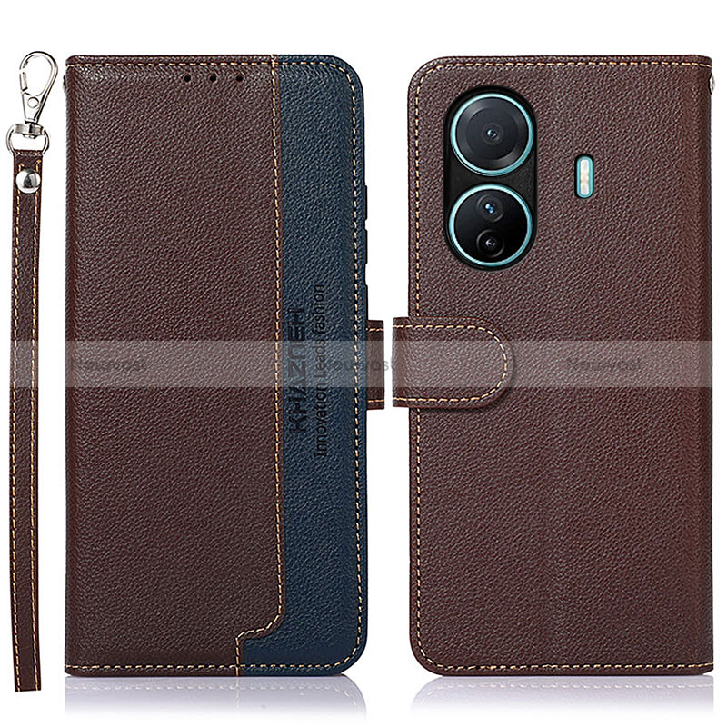 Leather Case Stands Flip Cover Holder A09D for Vivo iQOO Z6 Pro 5G Brown