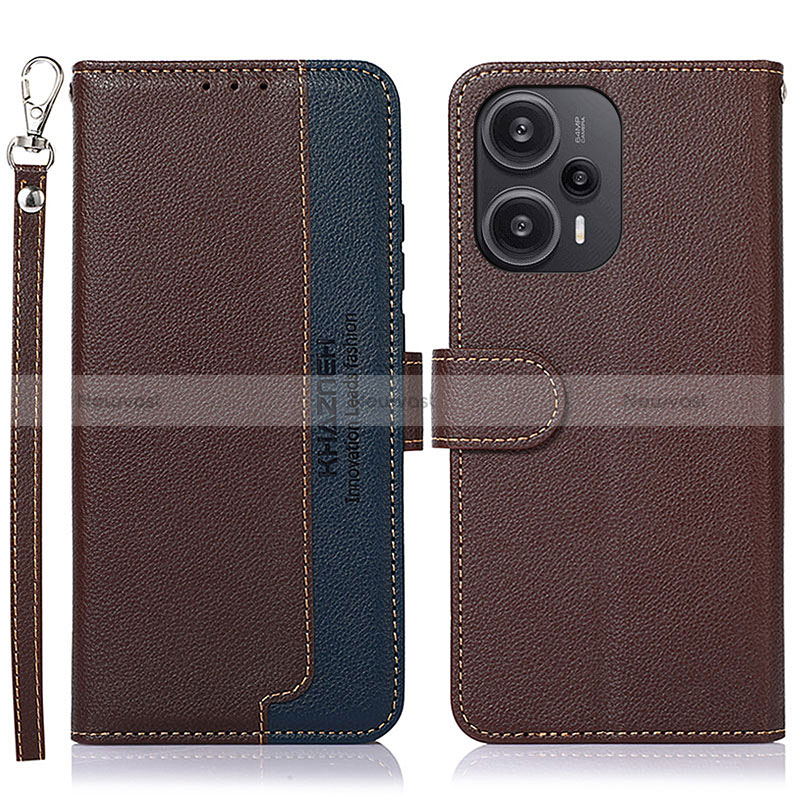 Leather Case Stands Flip Cover Holder A09D for Xiaomi Poco F5 5G Brown