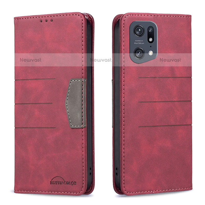 Leather Case Stands Flip Cover Holder B01F for Oppo Find X5 Pro 5G Red