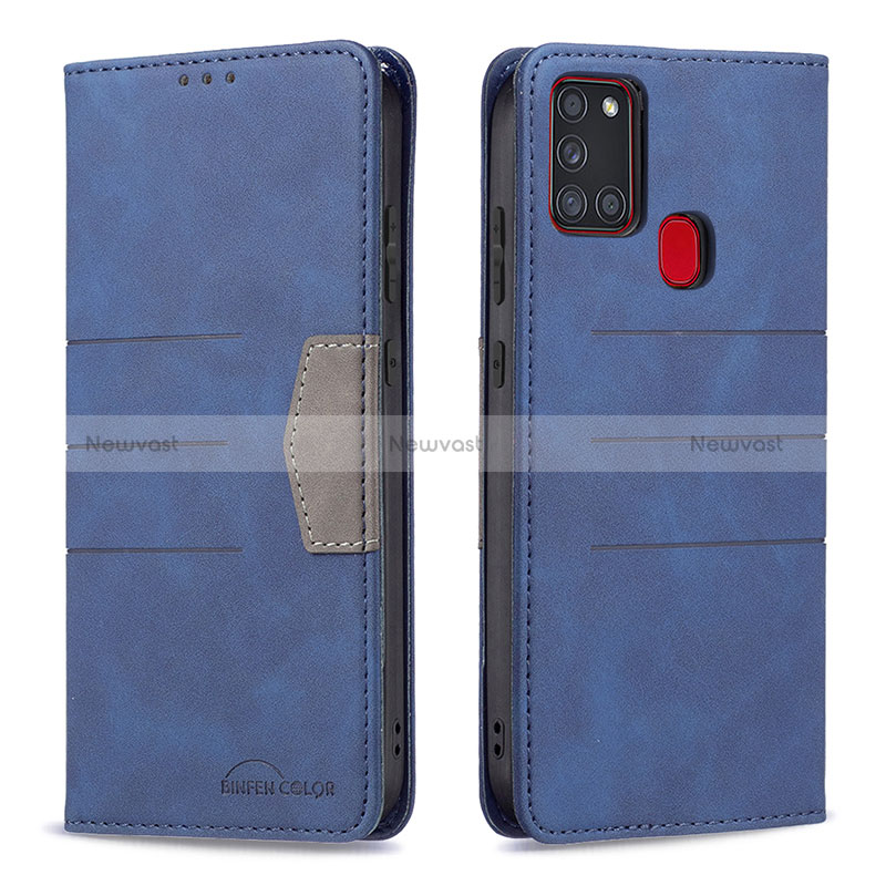 Leather Case Stands Flip Cover Holder B01F for Samsung Galaxy A21s Blue