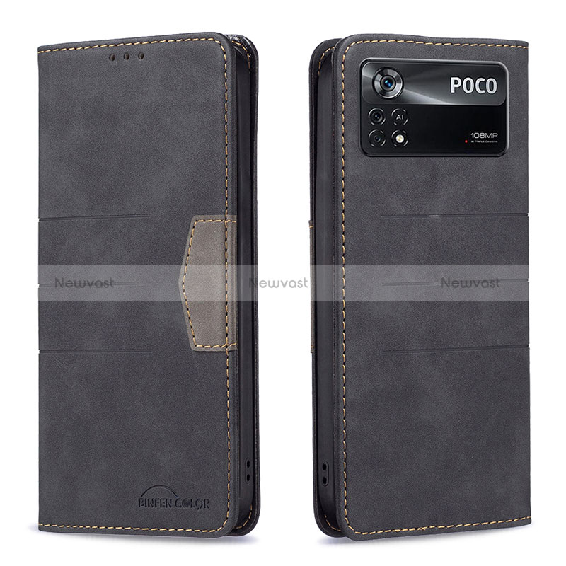 Leather Case Stands Flip Cover Holder B01F for Xiaomi Poco X4 Pro 5G Black