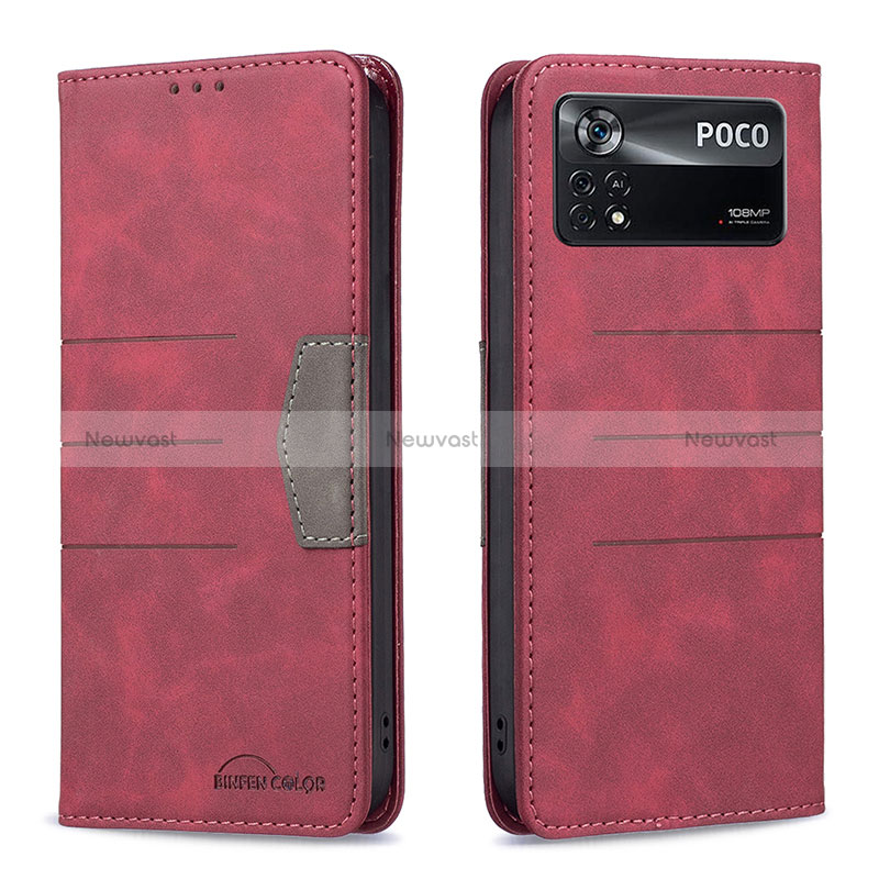 Leather Case Stands Flip Cover Holder B01F for Xiaomi Poco X4 Pro 5G Red