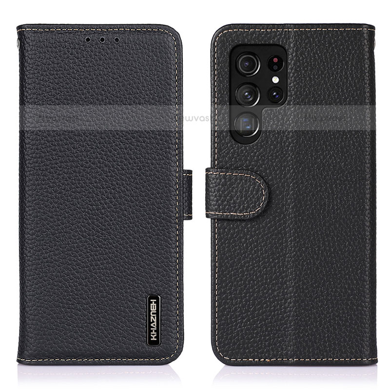 Leather Case Stands Flip Cover Holder B01H for Samsung Galaxy S22 Ultra 5G Black