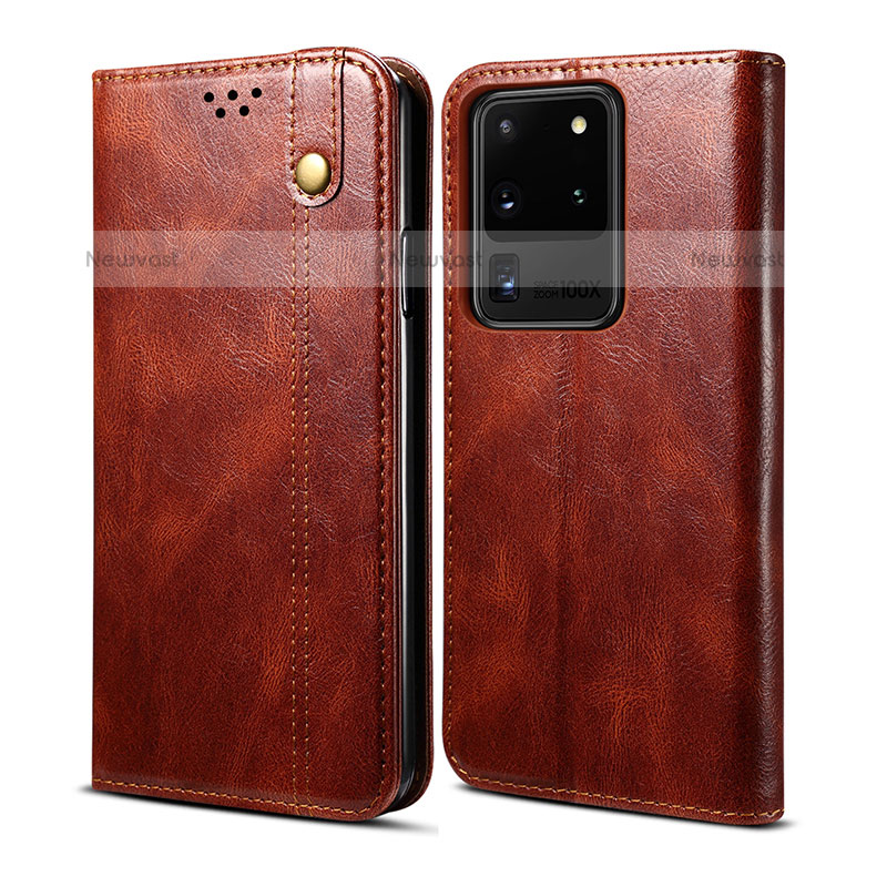 Leather Case Stands Flip Cover Holder B01S for Samsung Galaxy S20 Ultra 5G Brown