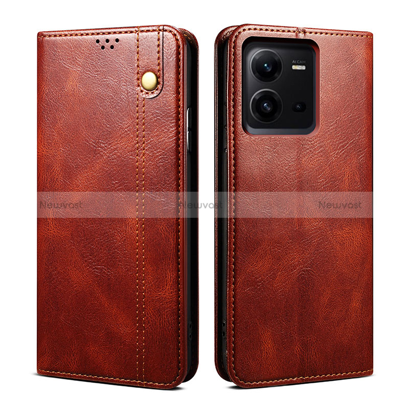 Leather Case Stands Flip Cover Holder B01S for Vivo V25e Brown