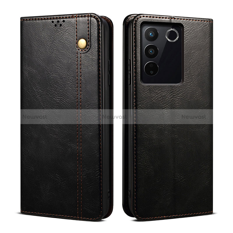 Leather Case Stands Flip Cover Holder B01S for Vivo V27e 5G Black