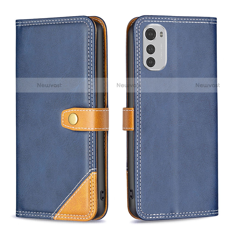 Leather Case Stands Flip Cover Holder B02F for Motorola Moto E32 Blue