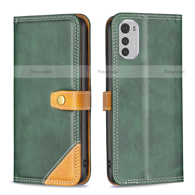 Leather Case Stands Flip Cover Holder B02F for Motorola Moto E32 Green