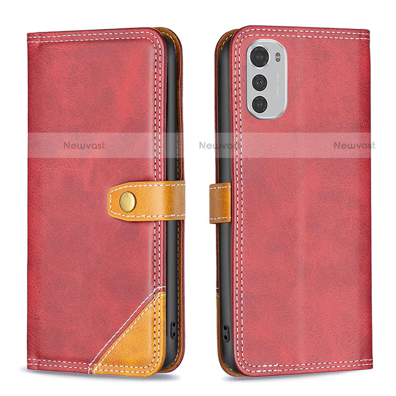 Leather Case Stands Flip Cover Holder B02F for Motorola Moto E32 Red