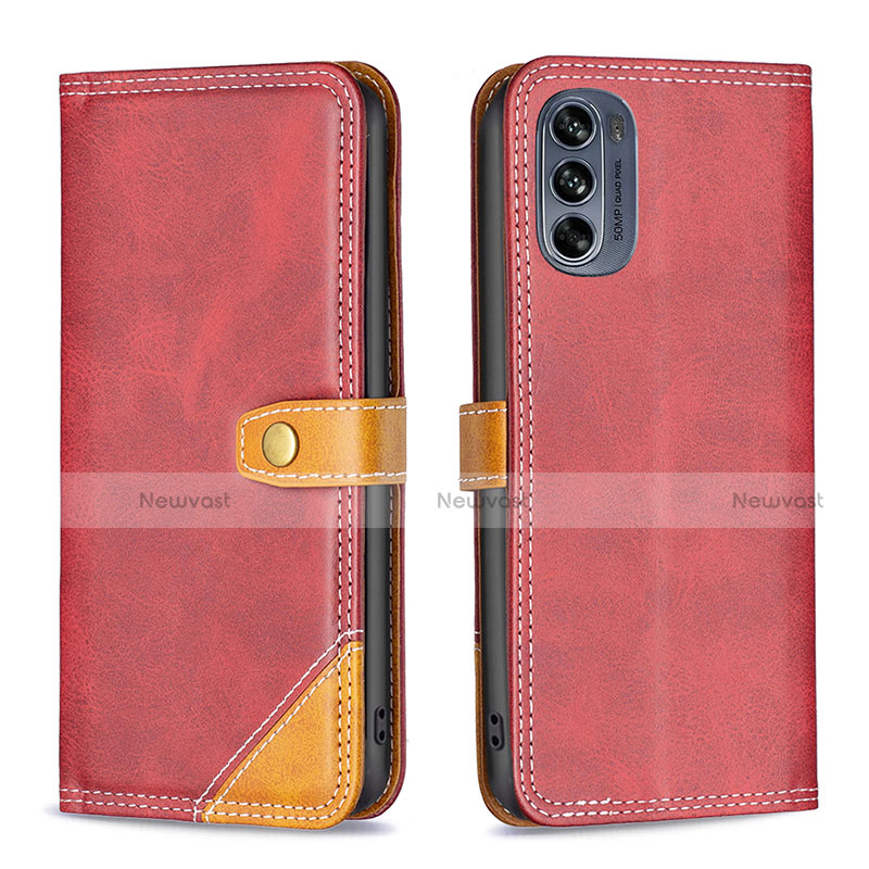 Leather Case Stands Flip Cover Holder B02F for Motorola Moto G62 5G Red