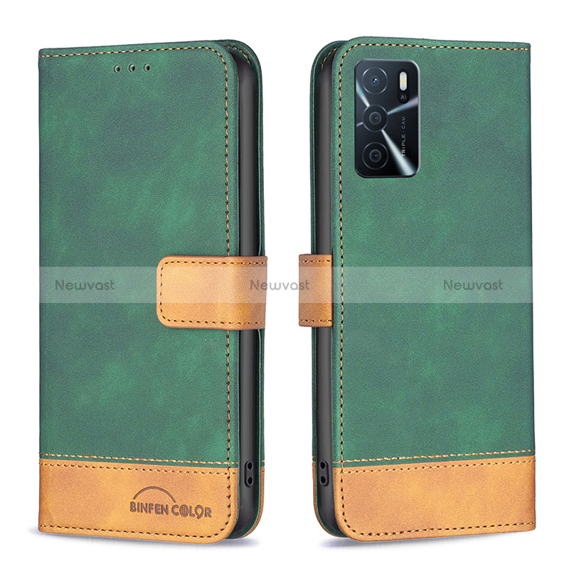 Leather Case Stands Flip Cover Holder B02F for Oppo A16 Green