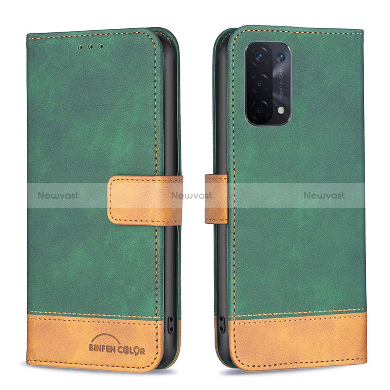 Leather Case Stands Flip Cover Holder B02F for Oppo A54 5G Green