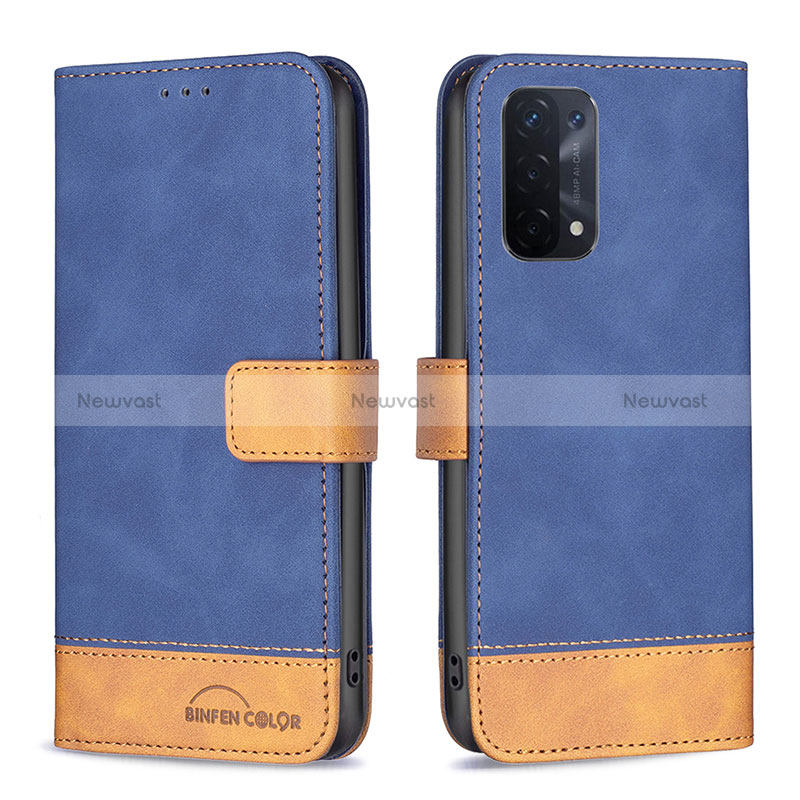 Leather Case Stands Flip Cover Holder B02F for Oppo A74 5G Blue