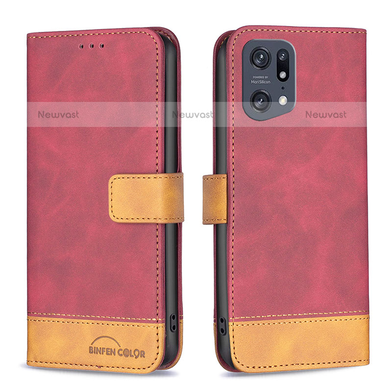 Leather Case Stands Flip Cover Holder B02F for Oppo Find X5 Pro 5G Red