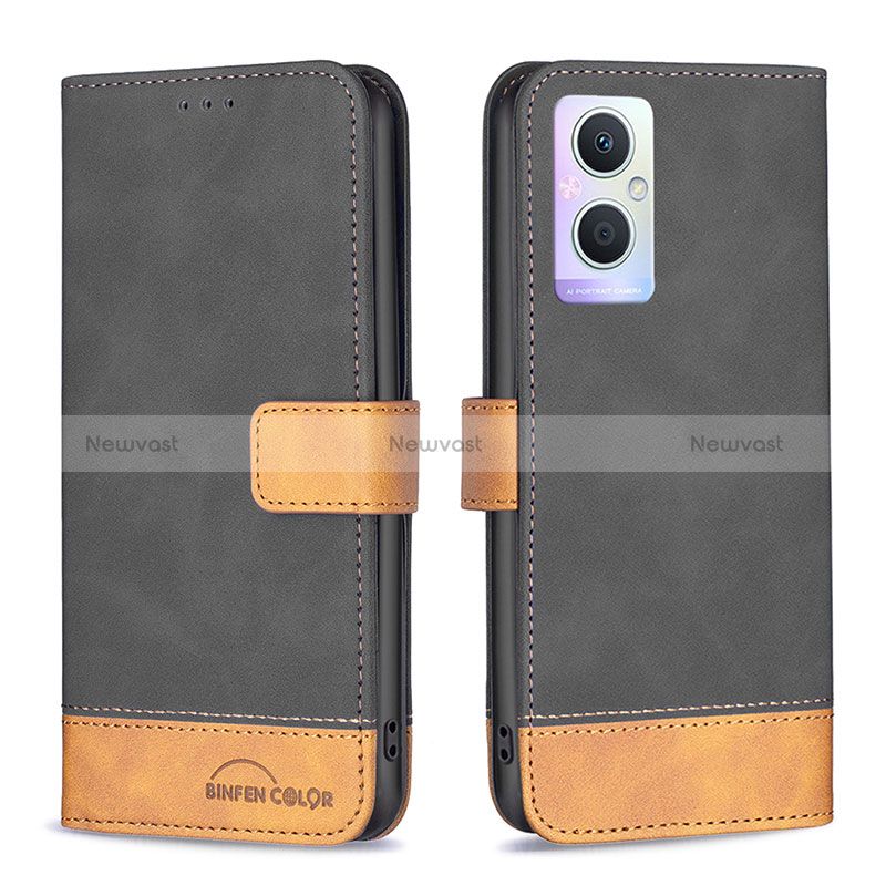 Leather Case Stands Flip Cover Holder B02F for Oppo Reno7 Z 5G Black