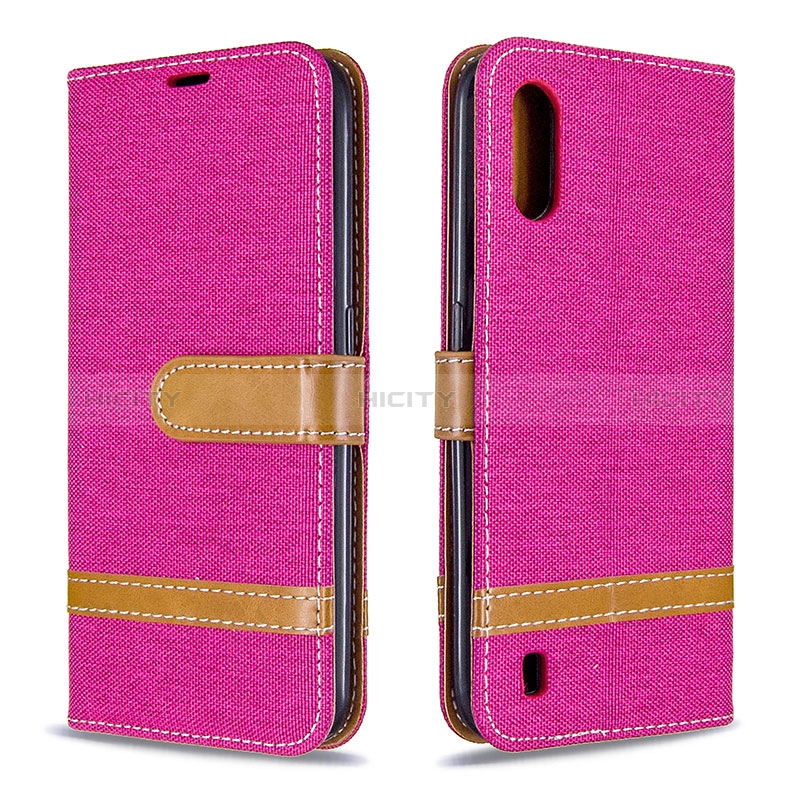 Leather Case Stands Flip Cover Holder B02F for Samsung Galaxy A01 SM-A015 Hot Pink