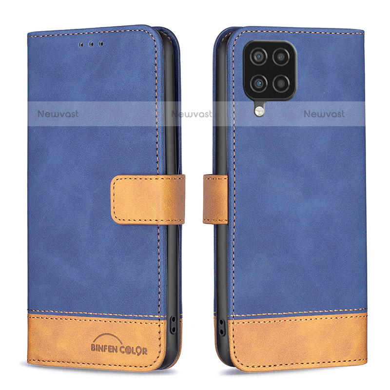 Leather Case Stands Flip Cover Holder B02F for Samsung Galaxy A12 Blue