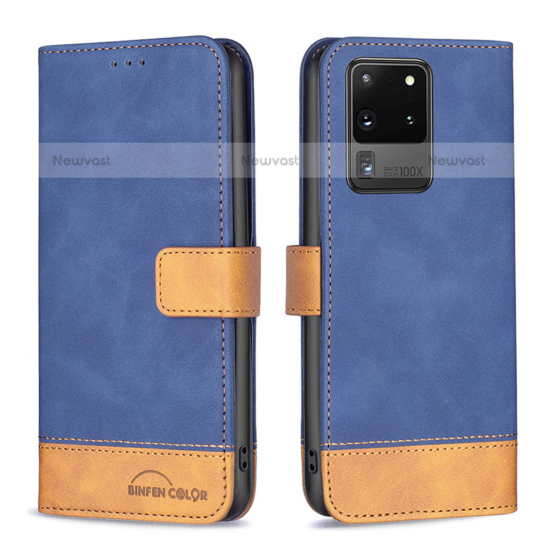 Leather Case Stands Flip Cover Holder B02F for Samsung Galaxy S20 Ultra 5G Blue