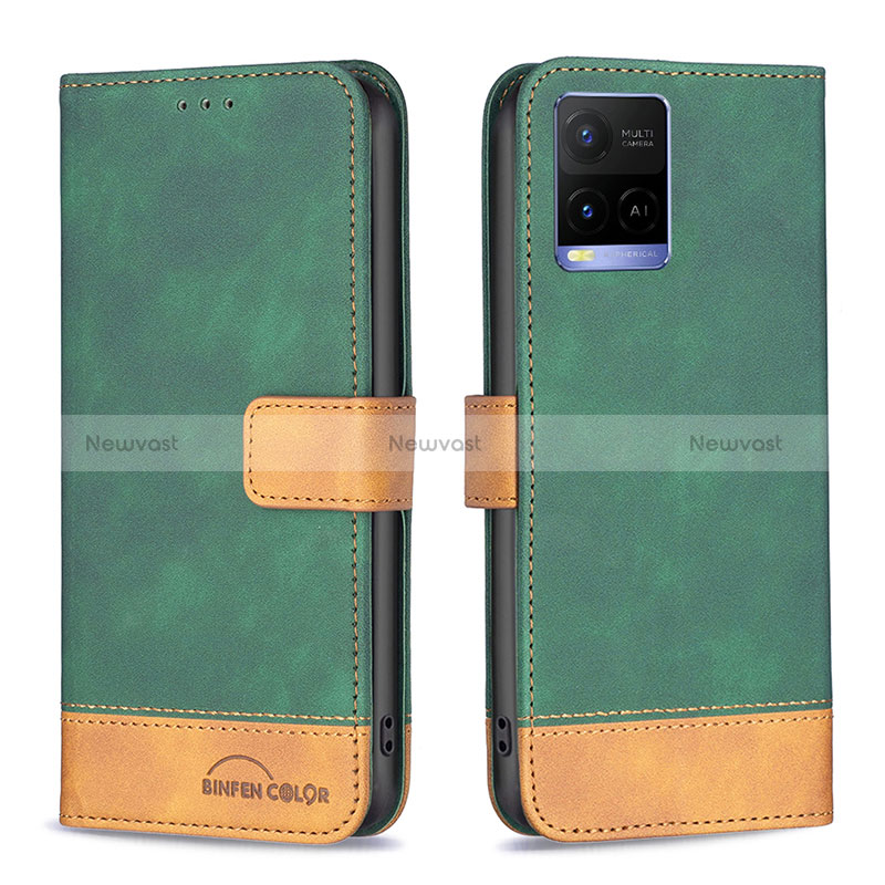 Leather Case Stands Flip Cover Holder B02F for Vivo Y21 Green