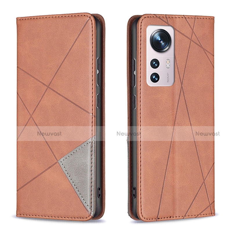 Leather Case Stands Flip Cover Holder B02F for Xiaomi Mi 12 5G Brown