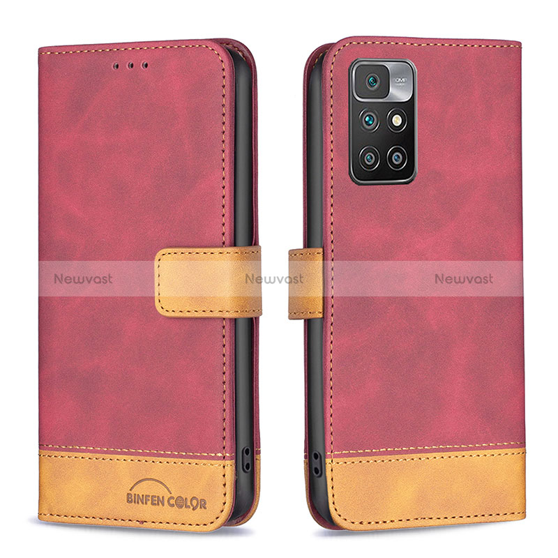 Leather Case Stands Flip Cover Holder B02F for Xiaomi Redmi 10 4G Red