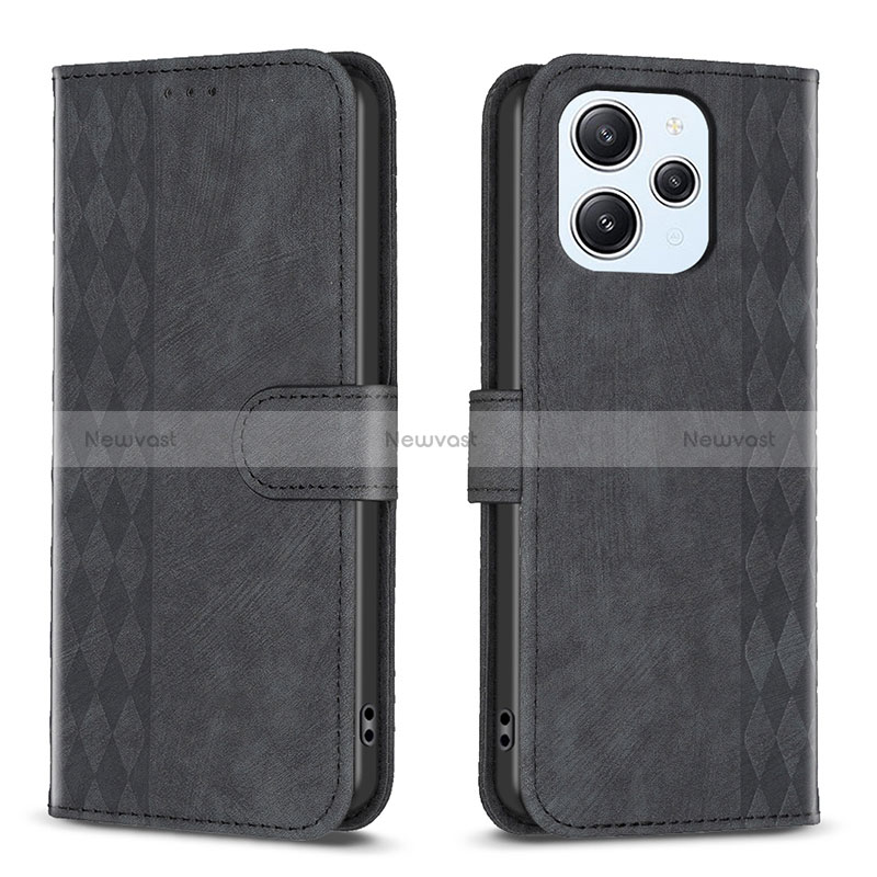 Leather Case Stands Flip Cover Holder B02F for Xiaomi Redmi 12 4G Black