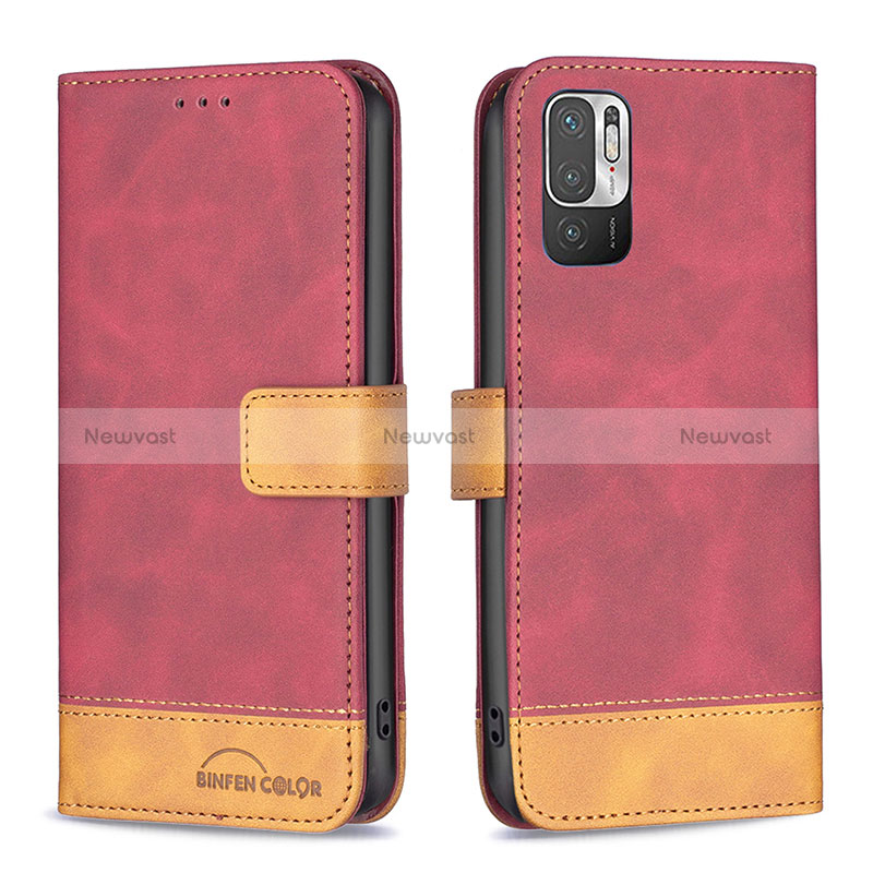 Leather Case Stands Flip Cover Holder B02F for Xiaomi Redmi Note 10 5G Red