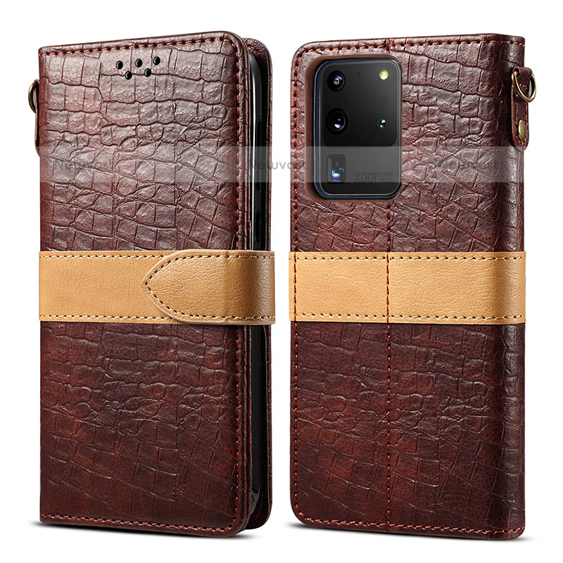 Leather Case Stands Flip Cover Holder B02S for Samsung Galaxy S20 Ultra 5G Brown