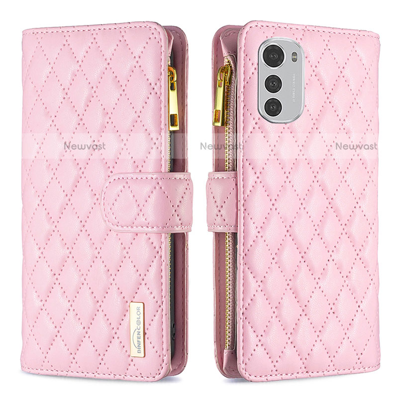 Leather Case Stands Flip Cover Holder B03F for Motorola Moto E32 Pink