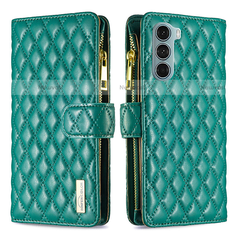 Leather Case Stands Flip Cover Holder B03F for Motorola Moto G200 5G Green