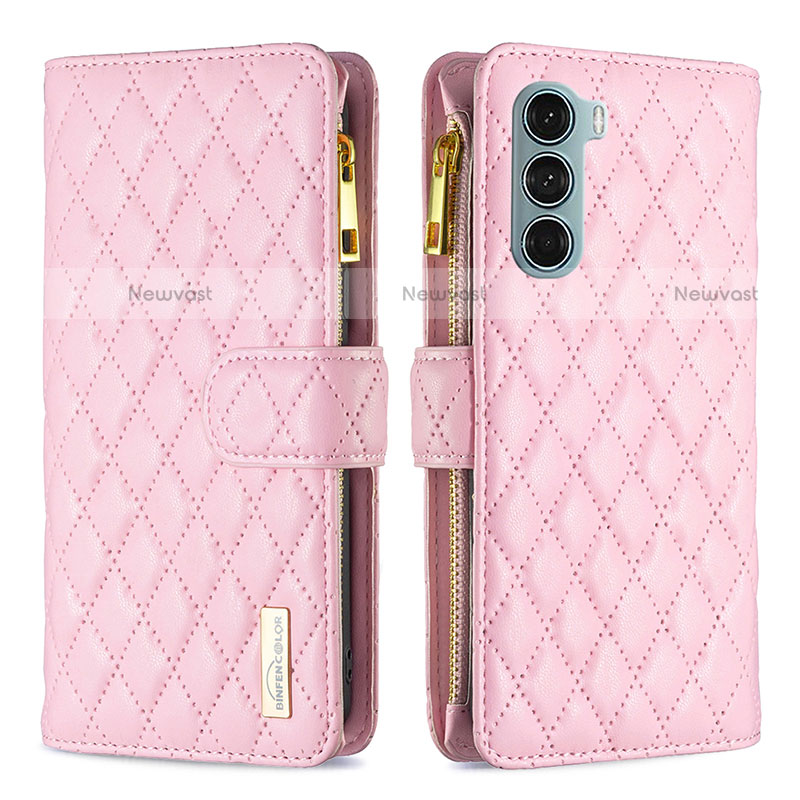 Leather Case Stands Flip Cover Holder B03F for Motorola Moto G200 5G Pink