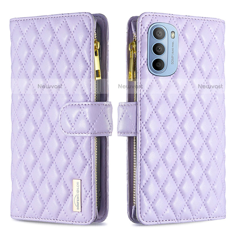 Leather Case Stands Flip Cover Holder B03F for Motorola Moto G31 Purple