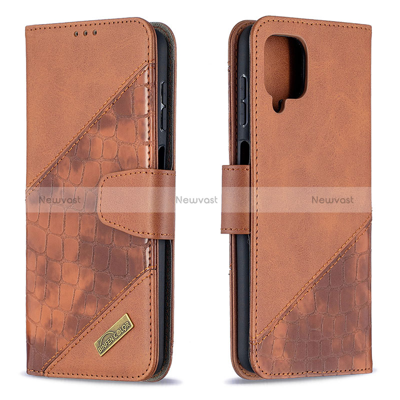 Leather Case Stands Flip Cover Holder B03F for Samsung Galaxy A12 5G Brown