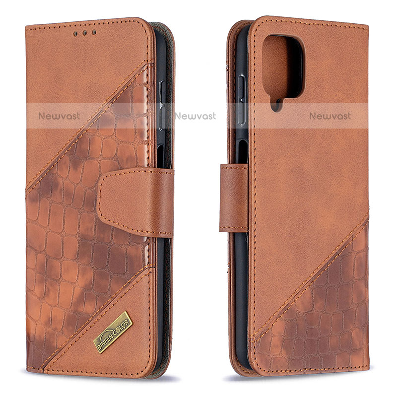 Leather Case Stands Flip Cover Holder B03F for Samsung Galaxy A12 Brown