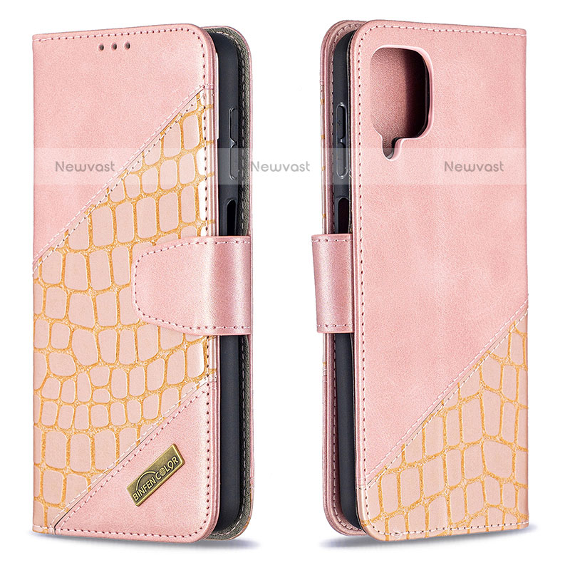 Leather Case Stands Flip Cover Holder B03F for Samsung Galaxy A12 Rose Gold