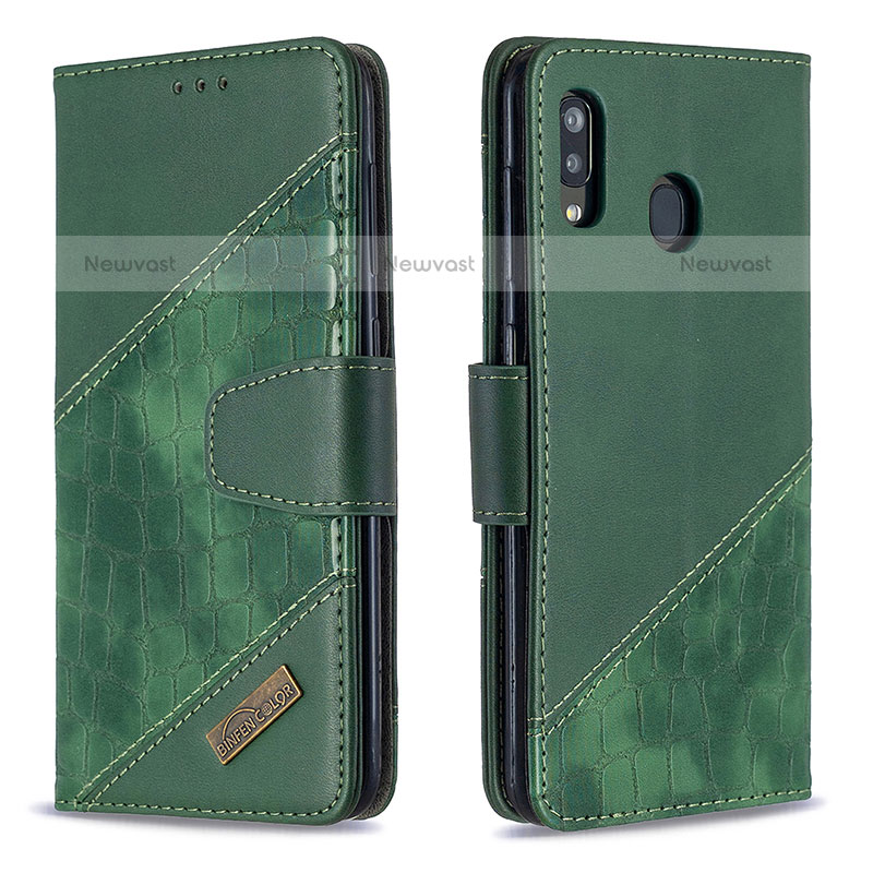 Leather Case Stands Flip Cover Holder B03F for Samsung Galaxy A20 Green