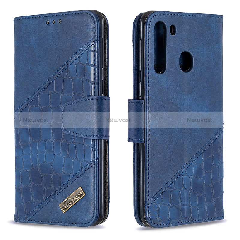 Leather Case Stands Flip Cover Holder B03F for Samsung Galaxy A21 Blue