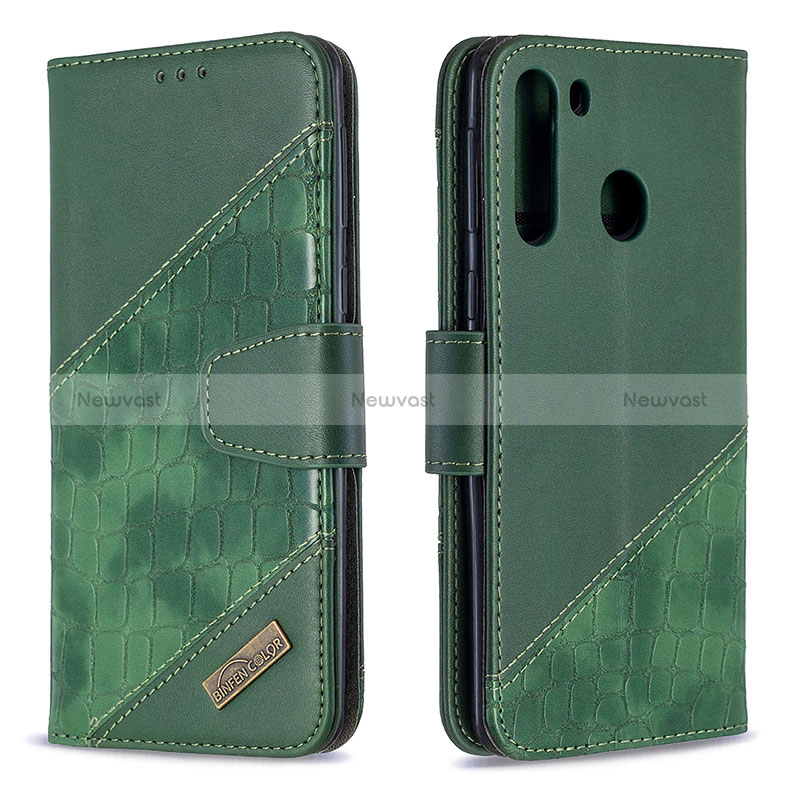 Leather Case Stands Flip Cover Holder B03F for Samsung Galaxy A21 Green